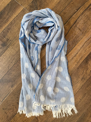 Blue with polka dot scarf on a wooden floor