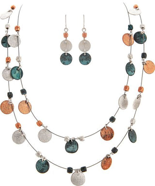 Necklace and earrings set with multicolored beads on a white background